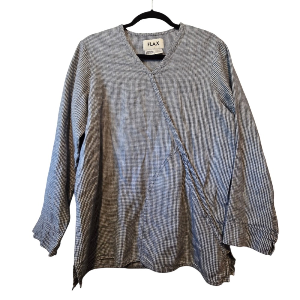 FLAX 100%‎ Linen Micro Check Pullover Top Women's SM Blue Oversized Lagenlook